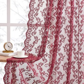 FOLKSIDE Burgundy Lace Curtains 84 Inches Long 2 Panels - Modern Romantic Maroon for Bedroom Living Room, Rod Pocket Light Filtering Sheer French Drapes, Wine Floral Rose Decor, 52x84