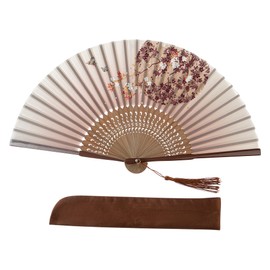 Salutto Hand Fan Bamboo Printed Pattern Folding Fan Lacquered Bamboo Fan For Party Wedding Gift With tassel and fan cover Globe Flower brown
