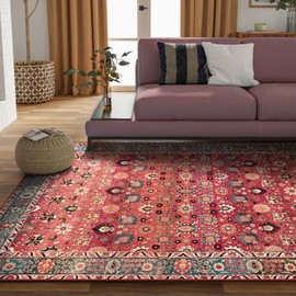 Vivorug Washable Rug, Ultra Soft Area Rug 8x10, Non Slip Rug Foldable, Stain Resistant Rugs for Living Room, Vintage Floral (Cherry Red/Spice, 8'x10')
