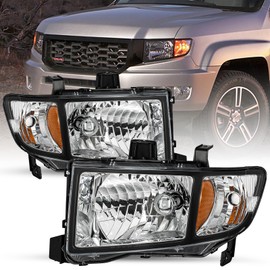 SOCKIR - For 2006-2014 Honda Ridgeline [Halogen Type] OE Style Headlight Headlamp Assembly Replacement Set Driver and Passenger Side (Black Housing with Amber Reflector)