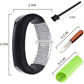 Exprimidor de Ajos Profesional Acero Inoxidable Manual Herramienta de Cocina，Prensa de Ajo,Trituradora de Jengibre y Pelador de Ajos, con Pelador de ajos de silicona y cepillo para limpieza（negro）