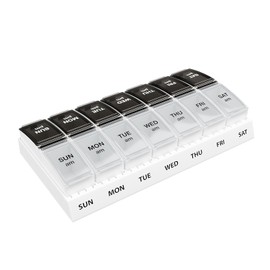 EZY DOSE - Estuche para píldoras semanal (7 días) AM/PM, planificador de medicamentos, organizador de vitaminas, pequeños compartimentos emergentes, 2 veces al día, tapas negras y naturales