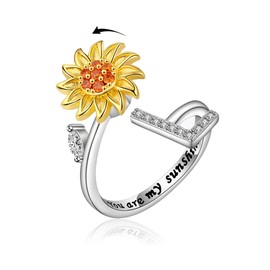 VYYU Fidget Ring with Beautiful Sunflower & Initial Letter ABC to XYZ - You are My Sunshine Anxiety Relief Stress Open Rings | Reliever Spinner Stress Relief Sunflower Gifts for Women Wife Daughter, L