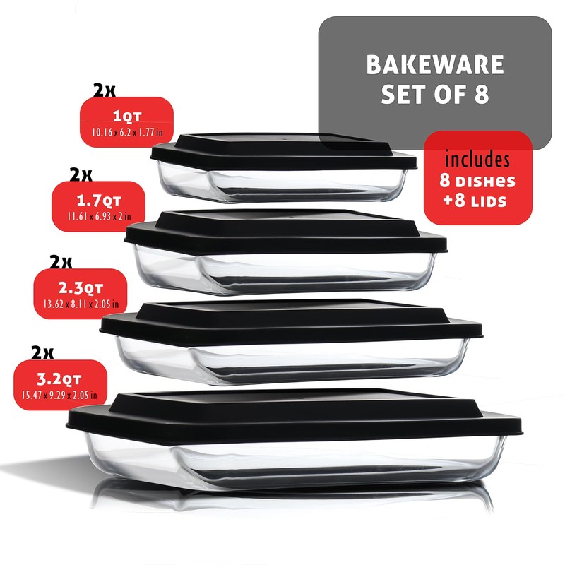 Eatex 8-Pack Glass Food Storage Containers with Lids, Baking Pans