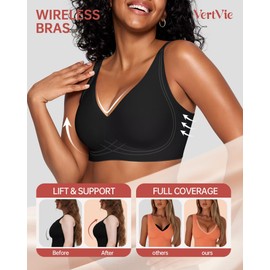 Vertvie Deep V Bras for Women No Underwire Push Up Wireless Bra Comfort Seamless Supportive Bra Racerback Soft Sleep Bralette(Medium,Black)