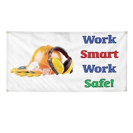 Vinyl Banner Multiple Sizes Work Smart Safe Business A Industrial & Craft Outdoor Weatherproof Industrial Yard Signs White 4 Grommets 12x30Inches