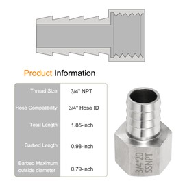 sourcing map Stainless Steel Barbed Fitting 3/4" NPT Female to 3/4" Hose ID for Home Brew Pipe Fitting Direct Thread Connector Durable Construction