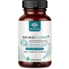 Delvina Mundflora PRO 90 Lozenges - Fresh Breath - 5 Bacterial Strains with Vitamin D3, Zinc, Inulin for Oral Hygiene - 270 Billion CFU per Tin - Mint Flavour - Vegan, Sugar-Free, Gluten Free