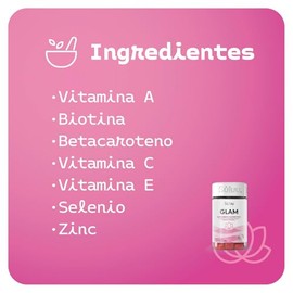 Súluu Glam | Gomitas Vitaminadas, Cabello, Piel y Uñas Fuertes y Sanas, Previene Caída del Pelo | 60 Gomitas | Sabor Fresa | Biotina, Vitamina A, Betacaroteno, Vitamina C, Vitamina E, Selenio y Zinc | Sin Gluten