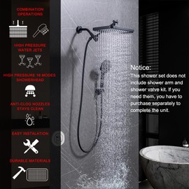 BSTKEECL Shower Head Combo, 14" High Pressure Rainfall and 9Spray Filtered Handheld Showerhead with Adjustable Arm, 70" Hose for Couples Bathroom Accessories Upgrade Matte Black