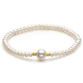 ZHOU LIU FU White Freshwater Pearl Bracelet for Women Pearl Stretch Bracelet with 18CT 750 Yellow Gold Ball Cultured Pearl Stretchable Bracelet 18-19cm (18cm/7.1inch)
