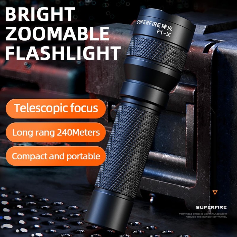 SuperFire F1-X Rechargeable LED Flashlights，Small Tatical Flashlight，Zoomable Flashlight for Home，Camping,