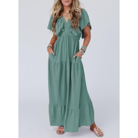 Acelitt Womens Casual Summer Dress 2024 Fashion V Neck Short Sleeve Trendy Bridesmaid Vacation Swing Flowy Tiered Beach Long Maxi Boho Dresses Sundresses Green Large