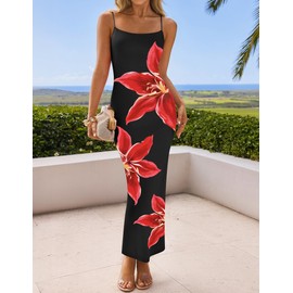 ZESICA Women’s Summer Bodycon Maxi Dresses 2025 Floral Spaghetti Strap Square Neck Sleeveless Boho Beach Long Dresses,Black,M