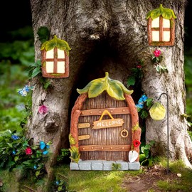 Fairy House Garden Decoration, Fairy Door and Tree Door for Gardens, 4 Pieces Fairy Door Resin Material Gnome Door Outdoor in the Dark, Resin Miniature Fairy Garden Elves Door Sculpture Statues Glow