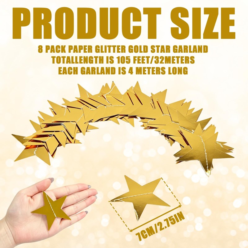 105 Feet Gold Star Garland, 8 Strands Glitter Stars Hanging