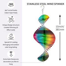 Aoedelyart Wind Spinner Rainbow Wave Wind Spinners for Yard and Garden,15in Hanging Kinetic Yard Art Wind Sculpture,3D Wind Spinners Outdoor & Indoor Rainbow Helix Garden Decor Christmas Ornaments