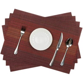 Set of 6 Placemats + Table Runner, Eageroo Non-Slip Table Mats Made of PVC, Tear-Resistant, Heat Resistant, Washable Placemats (Dark Red, 6 Placemats + Table Runner)