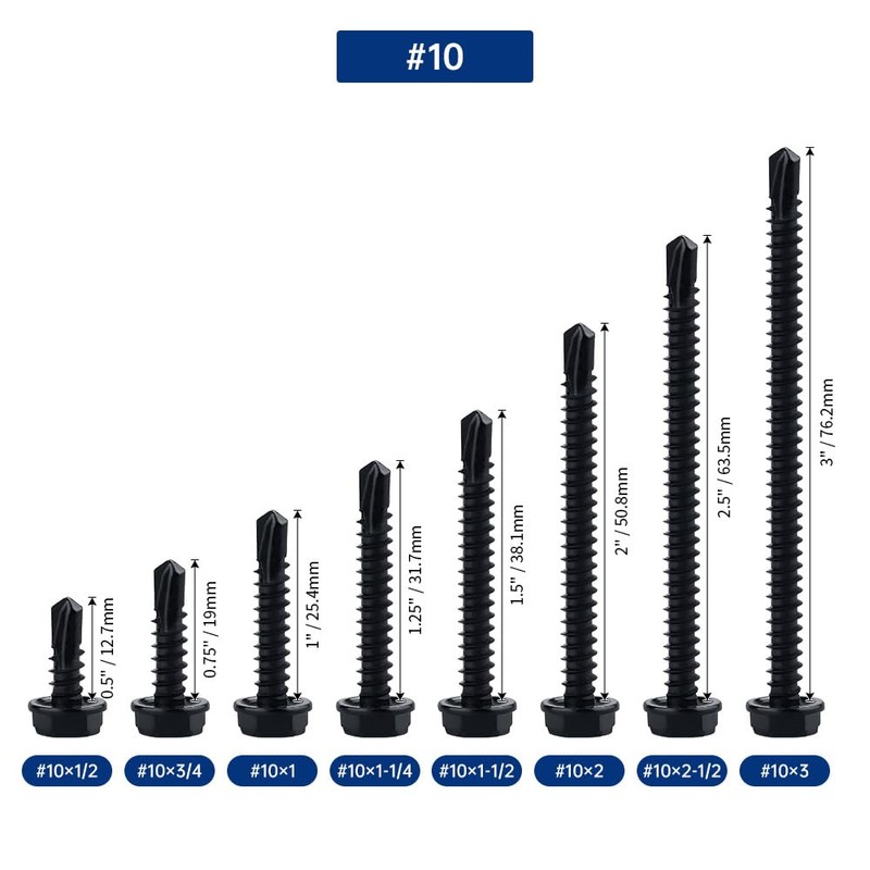 #10 x 1 Black Hex Washer Head Self Drilling Screws