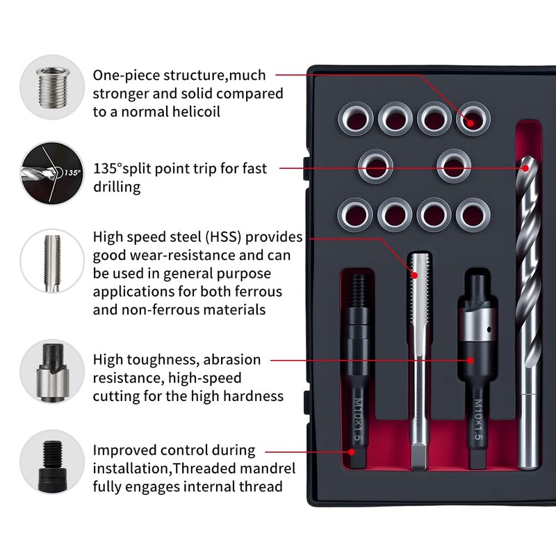 SENNMONN M10x1.5 Thread Repair Kit with 14mm Insert HSS Drill,