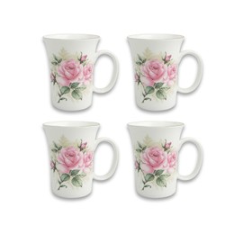 Gracie Bone China 10-Ounce Trumpet Mug, Pink Green Rose Bouquet, Set of 4