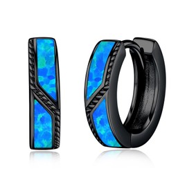 Suiknsn Blue Opal Hoop Earrings for Men Women 925 Sterling Silver Black 15mm Huggie Earrings Blue Opal Jewelry Birthday Christmas Gifts for Friends, Small, Sterling Silver