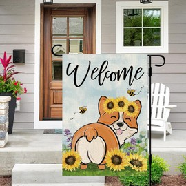 DLZDN Welcome Sunflower Garden Flag Corgi Dog Garden Flag 12×18 Inch Double Side Vertical Burlap Farmhouse Yard Flag Spring Summer Seasonal Outdoor House Decoration