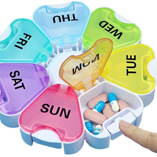 7 Day Pill Box Organiser with Easy Opening Push Button, Pill Boxes 7 Day 1 Times a Day, Weekly Pill Holder for Vitamins and Medication (Rainbow A)