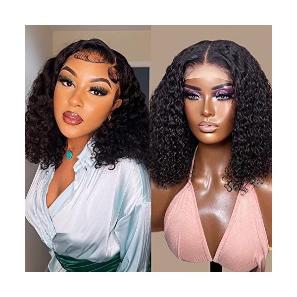 Human Hair Bob Wigs 180% Density Curly Lace Closure Wigs Human Hair Curly Bob Human Hair Wigs For Women Pre Plucked with Baby Hair Kinky Curly 4x4 Closure Human Hair Wigs 14 Inch Natural Color