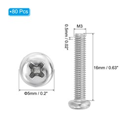 PATIKIL 80pcs M3-0.5 x 16mm 304 Stainless Steel 18-8 Full Thread Pan Head Machine Cross Hole Drive Screw