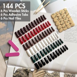 6 Packs Press On Nails Medium Long, KQueenest Acrylic Press On Nails Square, Medium Fake Nails Press Ons, Dark Color Glue On Nails Medium Coffin for Women Christmas Winter Gift 144 Pcs