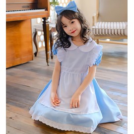 RPFLQ Alice Girl Maid Costume, Princess Dress Cosplay, Halloween Costume, Apron, Short Sleeve, Children's Kids Girls Outfit, Cute Moe Popular Event Activity Dress-up, One Piece, Light Blue, 3-Piece