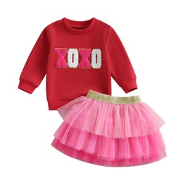 Toddler Baby Girls Valentine's Day Outfits Be Mine and Bow Embroidery Sweatshirt Tops+Rainbow Tutu Skirt 2Pcs Clothes (XOXO-Red, 1-2T)