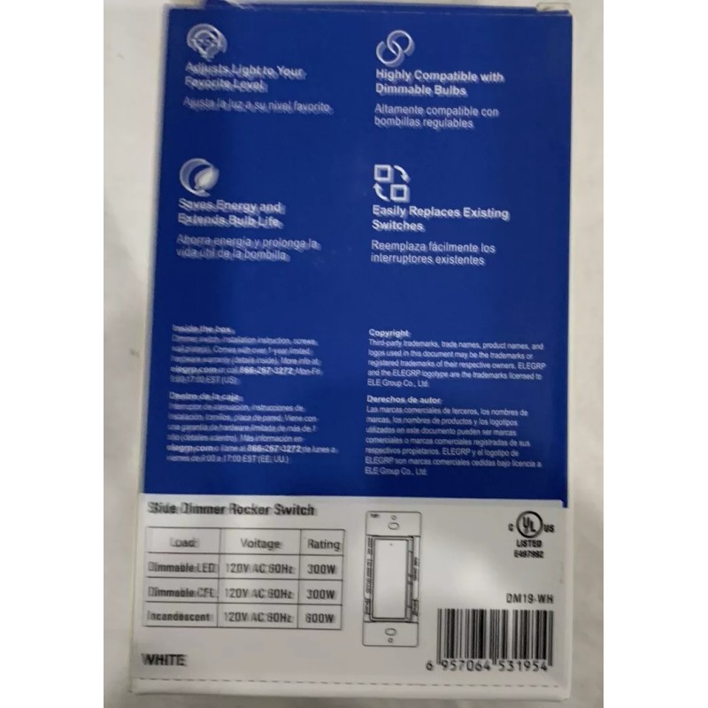 ELEGRP Slide Dimmer Rocker Switch 300W Dimmable LED / CFL