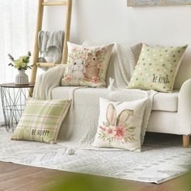 Artoid Mode Green Rabbit Ears Rabbit Flowers Easter Cushion Covers Set of 4 45 x 45 cm Stripe Polka Dots Spring Decorative Cushion Cover Couch Living Room Decoration
