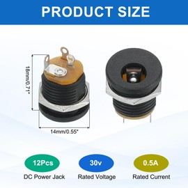 sourcing map 12pcs DC5525 Power Jack, 30V 0.5A 5.5x2.5mm 3 Pin DC Power Female Panel Mounting Connector Socket with Metal Nut Washer for Electronics Devices, Black 18x14x14mm