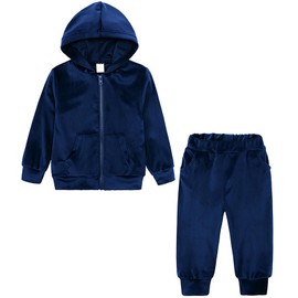 Toddler Girls Fleece Hoodies Tracksuits Zip-up Sweatshirt Jogger Sweatpants Active Outing Suit Kids Clothing Set Blue 12-18 Months