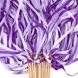 50PCS Ribbon Wedding Send Off Silk Ribbon Fairy Wands with Gold Bells for Wedding Send Off, Party, Holiday, Activities Celebrate Ribbon Stick(Pluper)