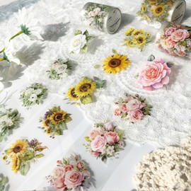 Arpaper Washi Tape Set, 3 Rolls Flowers PET Wide Washi Tapes Transparent Stickers for Scrapbooking, Journaling, Bullet Journals, Planners, Mobile Phones, Photo Albums DIY (Sea of Flowers 2)