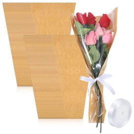 Abeillo 50 Pack Flower Bags for Bouquets, Flower Wrapping Paper Kraft Floral Wrap Sleeves with Ribbons for Christmas Graduation Wedding Birthday Florist Wrap Supplies (22x14.2 Inch)