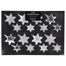 MIJOMA 16-Piece Shatterproof Christmas Tree Baubles Set, 2 Sizes 65mm & 45mm, Christmas Pendants - Heart Shape or Star Shape, Christmas Tree Decorations Matt, Shiny, Glitter (Silver, Star)