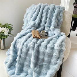 H&D Faux Fur Throw Blanket for Couch,Fluffy Cozy Soft Plush Luxury Thick Fuzzy Fleece Blanket for Couch Bed Sofa Bedroom Living Room,Comfy Bubble Blanket (LIGHTBLUE, Queen (80"x90"))