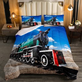 Erosebridal Train Comforter Sets Twin Size,Boys 3D Steam Engine Bedding Set Rail Vehicles Duvet Sets for Kids Teens,Soft Microfiber Down Comforter Bedroom Decor with 1 Pillow Case Blue