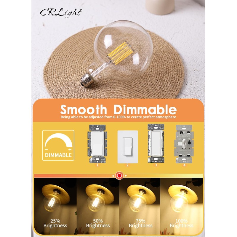 CRLight 12W Dimmable LED Large Globe Bulb 100W Equivalent 1000LM,