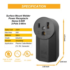 EDYCARX Nema 6-50 Receptacle Industrial Grade 50 Amp Outlet Surface Mount Receptacle for EV, Plasma Cutter and Welder Outlet, 2-Pole 3-Wire, Black (Nema 6-50r)