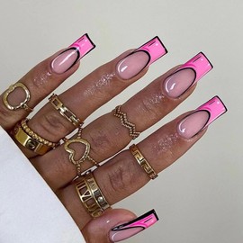 AKOFIC Pack of 24 Press on Nails Medium, Coffin French Artificial Nails, Glue-On Nails with Nail Glue, Square White Nude Acrylic Fake Nails for Women and Girls