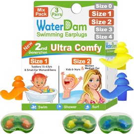 WaterDam Swimming Ear Plugs Great Waterproof Ultra Comfy Earplugs Prevent Swimmer's Ear (Size 1+2+2: Toddlers (Orange) & Kids Teens Small&Medium Ear Women (Blue Yellow))