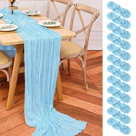 LOKUME 12 Pack Baby Blue Cheesecloth Table Runner 10ft Rustic Gauze Table Runner 35 x 120 Inch Cheese Cloth Table Runner Boho Decoration for Wedding Bridal Shower Birthday Party