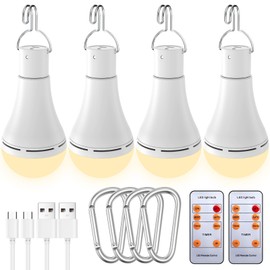 Brightown USB Rechargeable Light Bulb with Remote and Timer, Battery Emergency Light Bulbs for Home Power Outage, Hanging LED Light Bulb with Hook for Camping Tent, Warm White, 900LM, 3000K, 4 Pack
