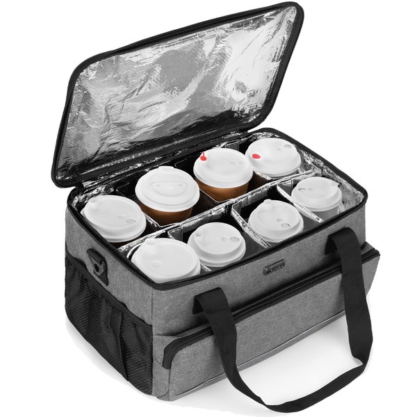 Trunab Reusable 8 Cups Drink Carrier for Delivery with Adjustable Dividers, Handle with Carrying Strap Tote Holder Insulated Bag for Beverages,Food Take Out,Outdoors
